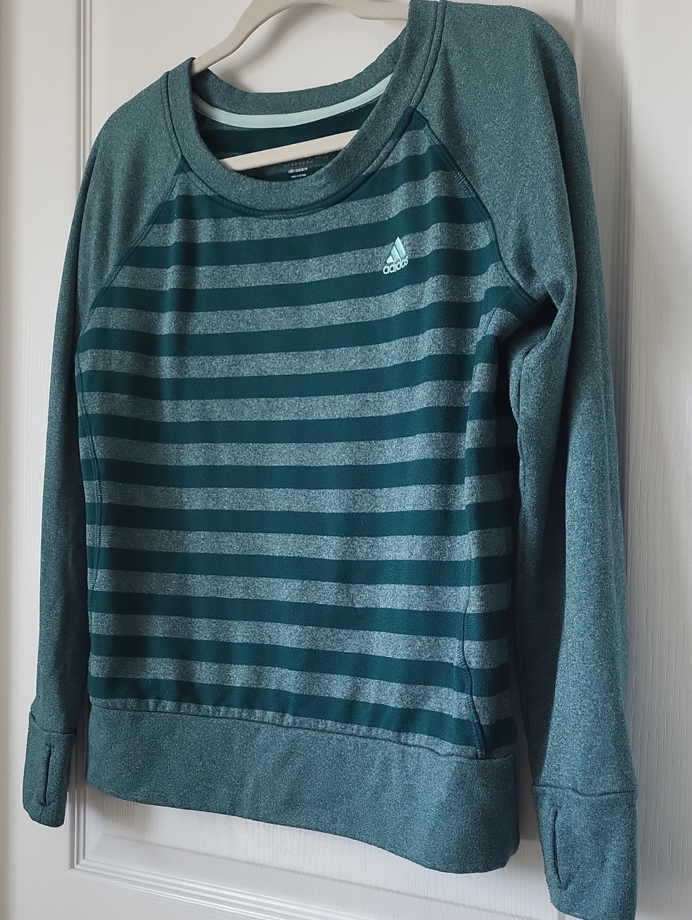 adidas Women's Teal Green Striped Crew Pullover Climawarm Medium